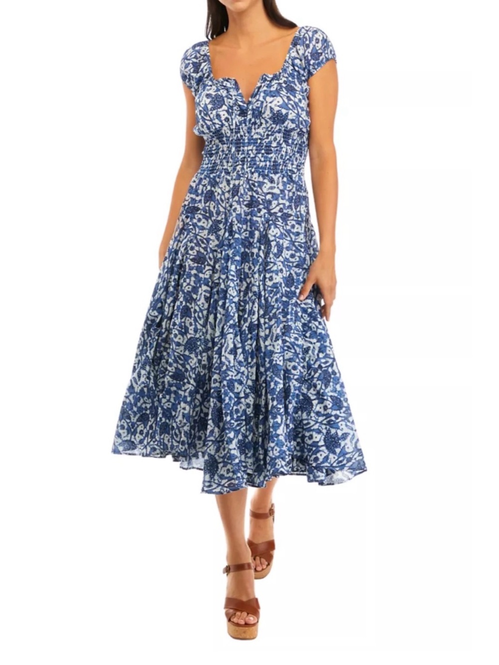 Chelsea & Theodore Blue White Paisley Midi Dress Smocked Waist 100% Cotton